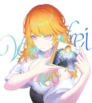  1girl alternate_costume breasts cd commentary earrings english_commentary feather_earrings feathers green_hair holding_cd hololive hololive_english jewelry large_breasts light_smile long_hair looking_at_viewer multicolored_hair orange_hair purple_eyes resu_desu simple_background solo takanashi_kiara two-tone_hair virtual_youtuber white_background 