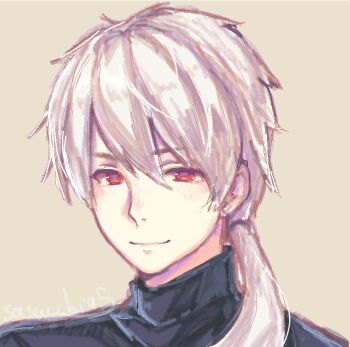  1boy antenna_hair artist_name black_sweater brown_background closed_mouth commentary double-parted_bangs english_commentary hair_between_eyes hair_tie long_hair looking_at_viewer low_ponytail male_focus painterly ponytail portrait red_eyes sasucchi95 simple_background smile solo susanghan_messenger sweater turtleneck turtleneck_sweater white_hair zen_(susanghan_messenger) 