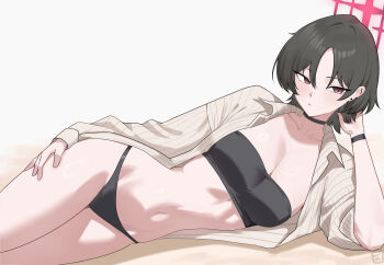  1girl artist_logo bandeau barbell_piercing bikini bikini_under_clothes black_bandeau black_bikini blue_archive breasts brown_hair commentary cowboy_shot ear_piercing halo hand_on_own_thigh highres industrial_piercing kanghak light_blush logo looking_at_viewer lying medium_breasts misaki_(blue_archive) misaki_(swimsuit)_(blue_archive) navel official_alternate_costume on_side open_clothes open_shirt piercing pinstripe_pattern pinstripe_shirt red_eyes red_halo shirt short_hair simple_background sleeve_rolled_up solo stomach striped_clothes striped_shirt swimsuit untranslatable_commentary vertical-striped_clothes vertical-striped_shirt watermark white_background wristband 