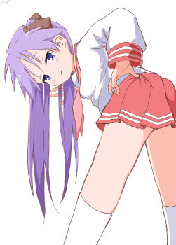  1girl absurdres bent_over blue_eyes breasts closed_mouth cynical_(llcbluckg_c004) hands_on_own_ass highres hiiragi_kagami kyoto_animation looking_at_viewer lucky_star purple_hair red_skirt ryouou_school_uniform school_uniform skirt smile socks solo twintails white_background white_socks 
