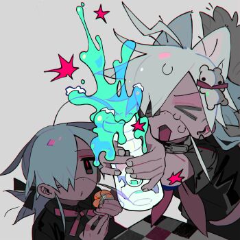  &gt;_&lt; 2girls ahoge animal_ears black_eyes black_shirt bottle chessboard collar food grey_background hair_ornament hair_ribbon highres holding lightning_ahoge long_hair mk1liaoqian multiple_girls open_mouth original pink_pupils ribbon school_uniform serafuku shirt sweat tail water_bottle white_hair 