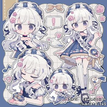  ! 1girl :d :o asymmetrical_legwear black_ribbon black_shoes blue_border blue_dress blunt_bangs blush_stickers border borrowed_character chibi closed_eyes closed_mouth commentary_request commission dot_nose dress flower frilled_dress frills full_body grid_background hair_flower hair_ornament hair_ribbon hand_up highres kanamochi_kanato long_hair looking_at_viewer multiple_views open_mouth original outline outside_border pink_flower purple_eyes ribbon shoes single_sock single_thighhigh skeb_commission sleeveless sleeveless_dress smile socks spoken_exclamation_mark standing thighhighs twitter_username uneven_legwear white_background white_hair white_outline white_socks white_thighhighs 