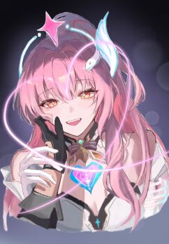  1boy 1girl absurdres adoptive_parent_and_adoptive_child aemeath_(wuthering_waves) bare_shoulders black_gloves breasts commentary_request cropped_torso elbow_gloves father_and_daughter gloves hair_ornament hand_on_another's_face highres long_hair looking_at_viewer male_rover_(wuthering_waves) medium_breasts open_mouth orange_eyes pink_hair ponytail rover_(wuthering_waves) smile solo_focus star-shaped_pupils star_(symbol) symbol-shaped_pupils tacet_mark_(wuthering_waves) white_gloves wuthering_waves xiao_mu_ke 