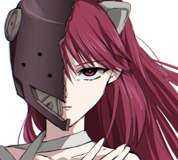  1girl bandages elfen_lied half_mask highres horns looking_at_viewer lucy_(elfen_lied) mask pink_eyes pink_hair poyadevil simple_background sketch solo upper_body white_background 