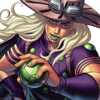  1boy ball blonde_hair brown_hat commentary commission cowboy_hat english_commentary facial_hair fingernails goggles goggles_on_headwear green_eyes green_lips green_nails grin gyro_zeppeli hand_on_own_hip hand_up hat highres holding holding_ball holding_orb jojo_no_kimyou_na_bouken lipstick long_hair looking_at_viewer lower_eyelashes_only makeup male_focus nail_polish namnums orb purple_shirt shirt short_sleeves smile solo steel_ball_(jojo) steel_ball_run studded teeth upper_body v-shaped_eyebrows 