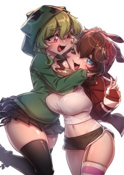  2girls beanie black_shorts black_skirt black_thighhighs blue_eyes breasts brown_hair commentary creeper dolphin_shorts double-parted_bangs english_commentary ermao_wu fang garter_straps green_hair green_hoodie hair_between_eyes hand_up hat highres hood hood_up hoodie hug large_breasts long_sleeves looking_at_another looking_at_viewer medium_hair microskirt minecraft multiple_girls one_eye_closed open_mouth original personification pink_eyes red_hat red_shrug shirt short_shorts shorts shrug_(clothing) simple_background single_garter_strap skirt smile tearing_up thighhighs v white_background white_shirt 