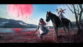 2girls absurdres apron bare_tree black_boots black_dress black_hair bolt_action boots closed_mouth cloud commentary_request day dress flock frilled_apron frilled_skirt frills gloves grass green_eyes grey_hair gun hand_up handgun highres holding holding_gun holding_leash holding_weapon horse horseback_riding juliet_sleeves lace-up_boots leash long_dress long_hair long_sleeves looking_ahead looking_at_another looking_to_the_side maid maid_apron maid_headdress mauser_98 mauser_c96 medium_dress moon multiple_girls original parted_lips puffy_sleeves red_moon red_scarf riding rifle river safutsuguon scarf short_hair skirt sky sleeve_cuffs thighhighs tree walking water weapon white_apron white_gloves white_headdress white_thighhighs wide_shot