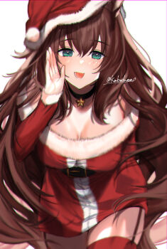  1girl :d animal_ears aqua_eyes belt black_choker breasts brown_hair chikabe choker christmas cleavage cowboy_shot dress fur-trimmed_dress fur_trim garter_straps hat highres horse_ears horse_girl long_hair long_sleeves lower_teeth_only maruzensky_(umamusume) medium_breasts open_mouth pencil_dress red_thighhighs santa_costume santa_dress santa_hat signature smile solo teeth thighhighs twitter_username umamusume very_long_hair 