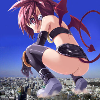  1girl ass city disgaea earrings etna_(disgaea) female_focus figure_(medium) giant giantess haga_yui jewelry landscape loli no_panties photo_(medium) photo_background pointy_ears solo squatting tail thighhighs third-party_edit what wings  rating:Questionable score:86 user:danbooru