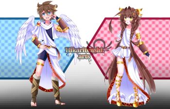 1boy 1girl :d angel angel_wings ankle_wings artist_name belt blue_eyes bracer brown_belt brown_hair commentary english_commentary full_body gold_thighlet highres hikarinotenshi.arts jewelry kid_icarus kid_icarus_uprising laurel_crown long_hair mini_wings nintendo open_mouth original pit_(kid_icarus) sandals seri_(hikarinotenshi.arts) smile spiked_hair thighlet toga v very_long_hair watermark white_wings wings yellow_eyes 