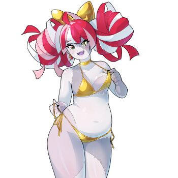  1girl alpha_transparency bare_shoulders bikini black_nails blush bow collarbone colored_skin commentary cowboy_shot diamond-shaped_pupils diamond_(shape) double_bun earrings english_commentary fangs gradient_eyes grey_skin hair_bun highres hololive hololive_indonesia jewelry kureiji_ollie looking_at_viewer morningpanda multicolored_eyes multicolored_hair navel open_mouth plump red_hair solo stitched_arm stitched_face stitched_groin stitched_leg stitched_torso stitches string_bikini swimsuit symbol-shaped_pupils teeth thick_thighs thighs transparent_background upper_teeth_only virtual_youtuber white_hair x-shaped_pupils yellow_bikini yellow_bow yellow_collar zombie 