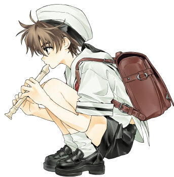  1boy absurdres backpack bag black_shoes black_shorts brown_bag brown_hair cardcaptor_sakura child flute from_side full_body highres holding holding_flute holding_instrument hynn0x_x instrument li_syaoran male_focus music playing_flute playing_instrument shirt shoes short_hair short_shorts shorts simple_background socks solo white_background white_shirt white_socks 