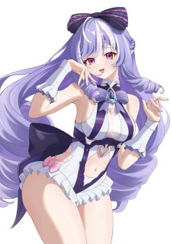  1girl absurdres beiganglamian breasts chinese_commentary clothing_cutout commentary_request cowboy_shot drill_hair highres large_breasts long_hair looking_at_viewer navel navel_cutout official_alternate_costume one-piece_swimsuit pointy_ears purple_eyes purple_hair simple_background smile solo swimsuit thighs very_long_hair vivian_banshee vivian_banshee_(iris_of_the_shore) white_background white_one-piece_swimsuit zenless_zone_zero  rating:Sensitive score:6 user:danbooru