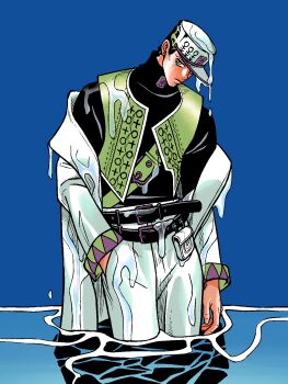  1boy anchor_symbol araki_hirohiko_(style) arm_at_side belt belt_buckle belt_pouch black_belt black_shirt blue_background buckle check_commentary coat commentary_request diamond_wa_kudakenai earrings expressionless green_belt green_eyes green_vest hand_in_pocket hat highres jewelry jojo_no_kimyou_na_bouken kuujou_joutarou long_sleeves looking_to_the_side male_focus multiple_belts off_shoulder official_style pants pouch qiongnian shirt solo stud_earrings turtleneck unbuttoned undershirt vest wading water wet white_coat white_hat white_pants 