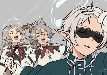  3girls aerokinesis ahoge alleincr animal_ear_fluff animal_ears arm_belt breasts brown_hair capelet cat_ears cat_girl chicken_(food) chicken_leg cleavage closed_eyes crossdressing crossdressing_(ftm) dog_ears dog_girl double-parted_bangs elf eyewear_on_head fangs food gloves green_capelet grey_hair hair_between_eyes hand_in_own_hair highres jacket large_breasts long_hair long_sleeves magic meat meme multiple_girls mushoku_tensei naoya_hitting_choso_without_looking_(meme) neck_ribbon open_mouth pointy_ears pursena_adoldia ranoa_magic_academy_school_uniform red_ribbon ribbon rinia_dedoldia school_uniform shirt short_hair signature simple_background sunglasses sylphiette_(mushoku_tensei) teeth unbuttoned unbuttoned_shirt upper_teeth_only wand white_gloves white_hair white_jacket white_shirt wind 