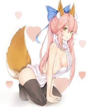  10s 1girl animal_ear_fluff animal_ears backless_dress backless_outfit bare_shoulders black_thighhighs blue_bow bow breasts dress fate/extra fate_(series) female_focus fox_ears fox_tail hair_bow highres kneeling long_hair looking_at_viewer medium_breasts naked_sweater pink_hair sideboob silver_(chenwen) simple_background solo sweater tail tamamo_no_mae_(fate) thighhighs turtleneck turtleneck_sweater v_arms virgin_killer_sweater white_background white_sweater yellow_eyes  rating:Questionable score:36 user:danbooru
