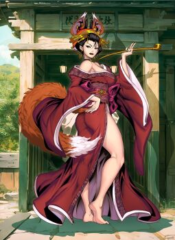  1girl animal_ears ass bare_shoulders barefoot black_hair breasts commentary english_commentary fox_ears fox_girl fox_tail full_body genzoman hand_on_own_hip highres holding holding_smoking_pipe japanese_clothes kimono kiseru kitsune lipstick makeup medium_breasts nihongami obi oiran original red_eyes sash smoking_pipe solo standing tail wide_sleeves yuujo 