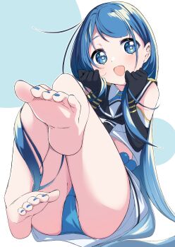  1girl absurdres barefoot black_gloves black_neckerchief black_sailor_collar blue_eyes blue_hair blue_nails blue_panties commentary_request elbow_gloves foot_focus gloves highres holding_own_hair kantai_collection long_hair nail_polish neckerchief panties sailor_collar sailor_shirt samidare_(kancolle) school_uniform serafuku shirt sitting smile solo toenail_polish toenails underwear uut very_long_hair white_shirt  rating:Sensitive score:2 user:danbooru
