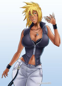 artist_name bare_shoulders bleach blonde_hair breast_tattoo breasts collarbone colored_eyelashes dark-skinned_female dark_skin espada facial_mark green_eyes hollow_mask ivizard_art93 jewelry large_breasts navel necklace number_tattoo pants shiny_skin stomach tattoo tier_harribel