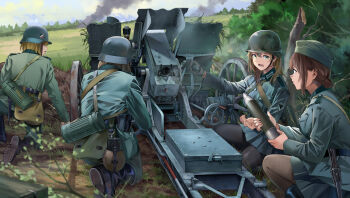  4girls ammunition anti-tank_gun artillery_shell bayonet black_boots black_pantyhose blonde_hair boots brown_hair canteen collar_tabs combat_helmet day epaulettes garrison_cap gas_mask_canister green_eyes green_jacket hair_bun hat helmet highres imperial_german_flag jacket kneeling military military_combat_uniform military_uniform miniskirt mixed-language_commentary multilingual_commentary multiple_girls neko_(yanshoujie) on_one_knee open_mouth original outdoors pants pantyhose pleated_skirt skirt smoke stahlhelm weapon weapon_request world_war_ii 