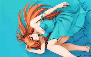  1girl aqua_background aqua_shoes bare_shoulders blue_background blue_dress blue_eyes breasts cleavage collarbone covered_erect_nipples dress female_focus from_above hair_spread_out highres kobayashi_yuji long_hair looking_at_viewer lying neon_genesis_evangelion no_bra off_shoulder orange_hair shoes sideways solo souryuu_asuka_langley strap_slip two_side_up very_long_hair  rating:Sensitive score:17 user:danbooru