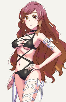  1girl bikini black_bikini black_choker blonde_hair breasts choker cleavage clothing_request commentary_request cowboy_shot gradient_hair grey_background hand_on_own_hip highres hijiri_byakuren jack_(wkm74959) long_hair looking_at_viewer medium_breasts multicolored_hair navel parted_bangs parted_lips purple_hair raised_eyebrows sidelocks simple_background solo standing stomach swimsuit touhou yellow_eyes 