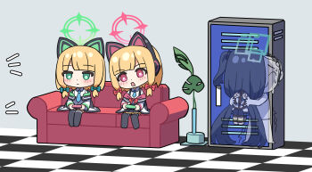  3girls absurdres aris_(blue_archive) blonde_hair blue_archive chibi commentary_request couch green_eyes green_halo halo highres midori_(blue_archive) momoi_(blue_archive) multiple_girls prezz red_eyes sensei_(blue_archive) shibari sitting 