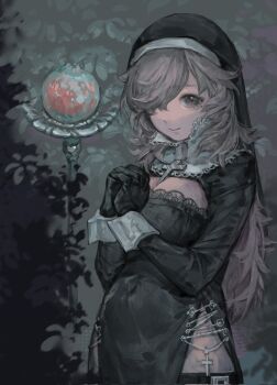  1girl black_dress black_gloves black_veil breasts brown_hair bw_sekai cleavage commentary cross dress genderswap genderswap_(mtf) gloves grey_eyes hair_over_one_eye highres kanae_(nijisanji) long_hair long_sleeves looking_at_viewer nijisanji nun own_hands_clasped own_hands_together pelvic_curtain pregnant sleeve_cuffs smile solo symbol-only_commentary veil virtual_youtuber 