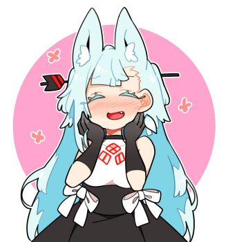  1girl :d animal_ear_fluff animal_ears bare_shoulders black_gloves black_skirt blue_hair blunt_bangs border bow closed_eyes commentary_request fang fox_ears fox_girl gloves hair_ornament hair_stick highres indie_virtual_youtuber ini_(inunabe00) long_hair open_mouth outline outside_border pink_background shirt skirt sleeveless sleeveless_shirt smile solo tange_kotoe upper_body virtual_youtuber white_border white_bow white_outline white_shirt 