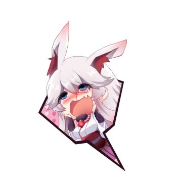  1girl :d animal_ears blood blue_eyes blush fang fox_ears hands_on_own_face honkai_(series) honkai_impact_3rd hugging_object long_hair long_sleeves momoko_nico nosebleed open_mouth pillow pillow_hug pink_hair skin_fang smile solo speech_bubble v-shaped_eyebrows yae_sakura yae_sakura_(gyakushinn_miko) 