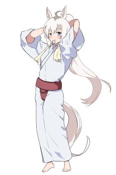  1girl ahoge alternate_costume animal_ears barefoot blue_eyes blush closed_mouth commentary_request grey_hair hair_between_eyes hair_tie_in_mouth highres horse_ears horse_girl horse_tail long_hair long_sleeves looking_at_viewer mawashi mouth_hold multicolored_hair oguri_cap_(umamusume) partial_commentary ponytail simple_background smile solo sumo tail towel towel_around_neck tying_hair umamusume zero_hero 