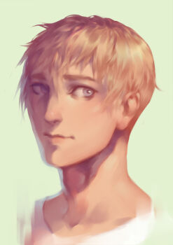  1boy choppy_bangs closed_mouth commentary cropped_head english_commentary green_background grey_eyes hair_between_eyes looking_at_viewer lydialing_draws male_focus nose orange_hair original realistic short_hair simple_background sketch solo very_short_hair 