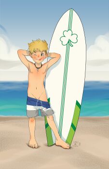  1boy armpits artist_request barefoot beach blonde_hair clothes_pull curryxmochi flashing freckles green_eyes highres jewelry male_focus necklace ocean one_eye_closed pants pants_pull penis penis_peek shota solo sunburn surfboard tongue tongue_out topless_male wink  rating:Explicit score:104 user:TickTack