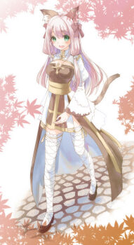  1girl animal_ears arch_bishop_(ragnarok_online) autumn_leaves black_shoes blush bow breasts brown_bow brown_dress cat_ears cat_girl cat_tail cleavage_cutout clothing_cutout commentary_request cross dress fishnet_thighhighs fishnets full_body green_eyes hair_bow highres juliet_sleeves leaf long_hair long_sleeves looking_at_viewer medium_breasts open_mouth pink_hair puffy_sleeves ragnarok_online sash satsuki_yui shoes smile solo tail thighhighs two-tone_dress walking white_background white_dress white_thighhighs yellow_sash 