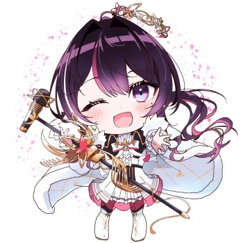  ;d azki_(hololive) brown_hair cape chibi chibi_only colored_inner_hair commentary_request double-parted_bangs dress fang fur-trimmed_cape fur_trim hair_between_eyes hair_intakes highres hololive jakoten_(pixiv_54744064) long_hair mole mole_under_eye multicolored_hair official_alternate_costume one_eye_closed open_mouth pink_hair purple_eyes sidelocks skin_fang smile streaked_hair virtual_youtuber white_cape white_dress 