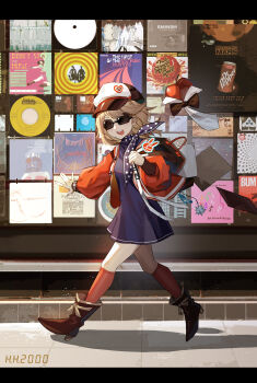  1girl absurdres afu_(amzs8345) ankle_boots annotation_request apple apple_(reverse:1999) backpack bag black_bow black_bowtie blue_dress blue_neckerchief boots bow bowtie brown_boots brown_hair copyright_request dr_pepper dress eminem facing_viewer food fruit full_body hat highres holding_strap jacket long_sleeves neckerchief newsboy_cap open_bag open_clothes open_jacket open_mouth polka_dot_neckerchief puffy_long_sleeves puffy_sleeves radiohead_(band) record_jacket red_jacket red_socks regulus_(reverse:1999) reverse:1999 short_dress short_hair smile socks solo sunglasses teeth the_hellacopters_(band) traditional_bowtie upper_teeth_only walking 