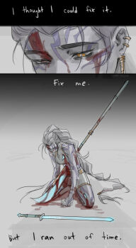  absurdres arm_markings bad_end blood commentary death english_commentary heterochromia highres huntrix injury kpop_demon_hunters long_hair markings polearm ponytail rumi_(kpop_demon_hunters) short_shorts shorts shuriken spear sword very_long_hair weapon 