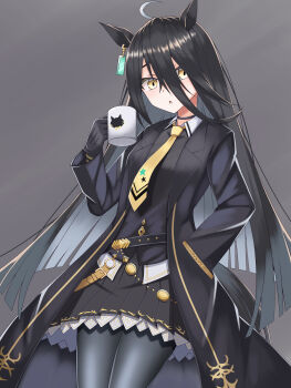  1girl ahoge animal_ears black_choker black_coat black_gloves black_hair black_pantyhose black_shirt black_skirt blush choker coat coffee_mug collared_shirt commentary_request cup ear_tag earrings gloves hair_between_eyes hand_in_pocket highres holding holding_cup holiday_sakawa horse_ears horse_girl horse_tail jewelry long_bangs long_hair long_hair_between_eyes long_sleeves manhattan_cafe_(creeping_shadow)_(umamusume) manhattan_cafe_(umamusume) mug multicolored_hair necktie pantyhose parted_lips shirt single_earring skirt solo tail umamusume white_hair yellow_eyes yellow_necktie 