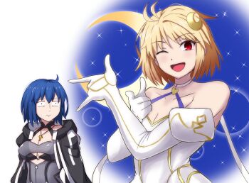  2girls :d \m/ ahoge arcueid_brunestud bare_shoulders bishoujo_senshi_sailor_moon black_hoodie blonde_hair blue_hair breasts c.i.e.l_(fate) choker ciel_(tsukihime) cleavage crescent crescent_hair_ornament crescent_moon cross cross_necklace crossed_arms detached_sleeves dress fate/grand_order fate_(series) gloves gold_trim hair_intakes hair_ornament highres hood hoodie jewelry looking_at_another magical_girl moon multiple_girls mysterious_executor_c.i.e.l_(fate) necklace one_eye_closed open_clothes open_hoodie open_mouth parody phantas-moon pointing pointing_at_viewer short_hair smile sotomichi star_(sky) tsuki_ni_kawatte_oshioki_yo tsukihime tsukihime_(remake) upper_body white_dress white_gloves 
