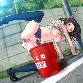 1girl all_fours anal anal_object_insertion anus ass bad_id bad_pixiv_id ball_gag bdsm bitch_taken_for_walk black_shoes blush bondage bound breasts brown_eyes brown_hair bucket chain-link_fence clothes_lift collar day dildo double_insertion double_penetration dutch_angle exhibitionism female_focus fence functionally_nude gag gagged grass hanging_breasts highres leash leg_lift leg_up loafers long_sleeves looking_back medium_breasts multiple_insertions navel nipples no_bra no_panties object_insertion open_clothes open_shirt original outdoors pee peeing peeing_like_a_dog pet_play petgirl public_indecency pussy pussy_juice pussy_juice_puddle pussy_juice_trail school_uniform sex_toy shirt shirt_lift shoes skirt skirt_around_belly skirt_lift sleeves_past_wrists solo spread_legs sweater sweater_lift tears thighhighs translated uncensored utility_pole vaginal vaginal_object_insertion wall yamada_(gotyui) rating:Explicit score:683 user:danbooru