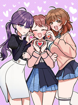  3girls ^_^ absurdres ahoge black_overskirt black_shirt blue_skirt brown_cardigan brown_hair brown_jacket cardigan closed_eyes commentary_request gakuen_idolmaster half-heart_hands hanami_saki hanami_ume hatsuboshi_gakuen_school_uniform heart heart_background heart_hands heart_in_heart_hands heart_in_mouth highres idolmaster jacket jewelry karasumaru_(128k) kaya_rinha locked_arms looking_at_viewer multiple_girls outline pleated_skirt polka_dot polka_dot_background purple_hair ring school_uniform shirt siblings sisters skirt teeth thighhighs upper_teeth_only white_outline white_skirt white_thighhighs 