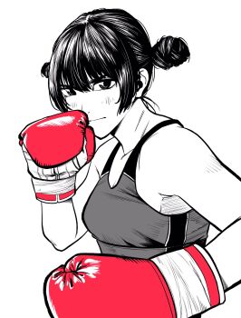  1girl boxing boxing_gloves breasts cleavage commentary double_bun fighting_stance gloves greyscale hair_bun hatching_(texture) highres lee_(dragon_garou) light_blush medium_breasts monochrome original red_gloves serious solo sports_bra spot_color upper_body 