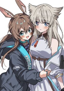  2girls amiya_(arknights) animal_ears arknights arknights:_endfield bare_shoulders bird_ears black_jacket blue_eyes blush brown_hair closed_mouth dress grey_hair hashtag-only_commentary in-franchise_crossover jacket long_hair long_sleeves looking_at_viewer multiple_girls open_mouth perlica_(arknights) puffy_long_sleeves puffy_sleeves rabbit_ears rabbit_girl smile syst098 white_background white_dress white_jacket 
