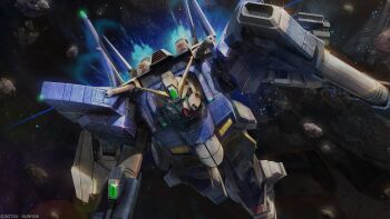 absurdres asteroid copyright_notice earth_federation gundam gundam_battle_operation_2 gundam_silhouette_formula_91 highres machinery mecha mecha_focus mobile_suit neo_gundam no_humans painting_(medium) promotional_art realistic robot scan science_fiction space sunrise_(company) tenjin_hidetaka thrusters traditional_media v-fin zero_gravity 