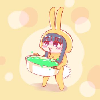  1girl :3 animal_costume animal_ear_hood animal_ears black_hair blunt_bangs blush_stickers brown_background chibi chibi_only commentary_request dotted_background fake_animal_ears full_body gems_company hase_mikoto highres holding hood long_hair looking_ahead multicolored_background norimi908 open_mouth purple_eyes rabbit_costume rabbit_tail raised_eyebrows sidelocks solo standing tail thick_eyelashes washpan yellow_background 