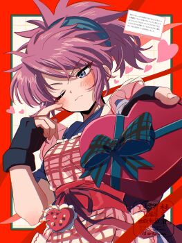  1girl apron blush box fingerless_gloves gift gift_box gloves hunter_x_hunter machi_komacine one_eye_closed pink_hair solo thicopoyo  rating:General score:0 user:Hullyen