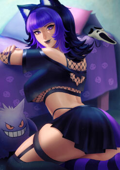 1girl absurdres animal_ear_fluff animal_ears bed bedroom black_hair black_lips breasts breasts_out bridge_piercing cat_ears crop_top face_piercing fishnet_top fishnets garter_belt gen_1_pokemon gengar ghostface goth_fashion highres large_breasts looking_at_viewer looking_back mask moboro123_(lintunen) mouth_piercing nail_polish nicoenvt nintendo piercing plump pokemon purple_background purple_eyes purple_hair scream_(movie) short_hair skirt solo solo_focus thighhighs vaimonen wavy_hair