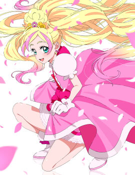  1girl blonde_hair blue_eyes boots bow commentary_request cure_flora dress dress_bow earrings floating_hair from_side gloves go!_princess_precure gradient_hair haruno_haruka highres jewelry long_hair looking_at_viewer magical_girl medium_dress multicolored_hair on_one_knee open_mouth petals pink_bow pink_dress pink_hair precure puffy_short_sleeves puffy_sleeves red_bow reflection revision shirako_love shoes short_sleeves simple_background skirt_hold smile solo streaked_hair teeth tiara twitter_username two-tone_hair upper_teeth_only very_long_hair waist_bow white_background white_boots white_gloves white_shoes white_sleeves 