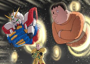  2boys blonde_hair crossover doraemon fate/stay_night fate_(series) g_gundam gilgamesh_(fate) gundam honekawa_suneo multiple_boys seki_tomokazu ueyama_michirou voice_actor_connection  rating:General score:0 user:jojosstand