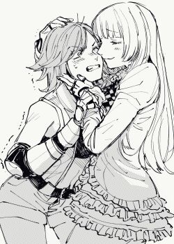  2girls blonde_hair blunt_bangs blush boots closed_eyes emilie_de_rochefort eye_contact fingerless_gloves gloves greyscale hand_guard highres hime_cut hug kazama_asuka knee_boots long_hair looking_at_another monochrome multiple_girls oosawa_yayoi shorts simple_background smile sweatdrop tekken tekken_5 yuri  rating:Sensitive score:12 user:danbooru